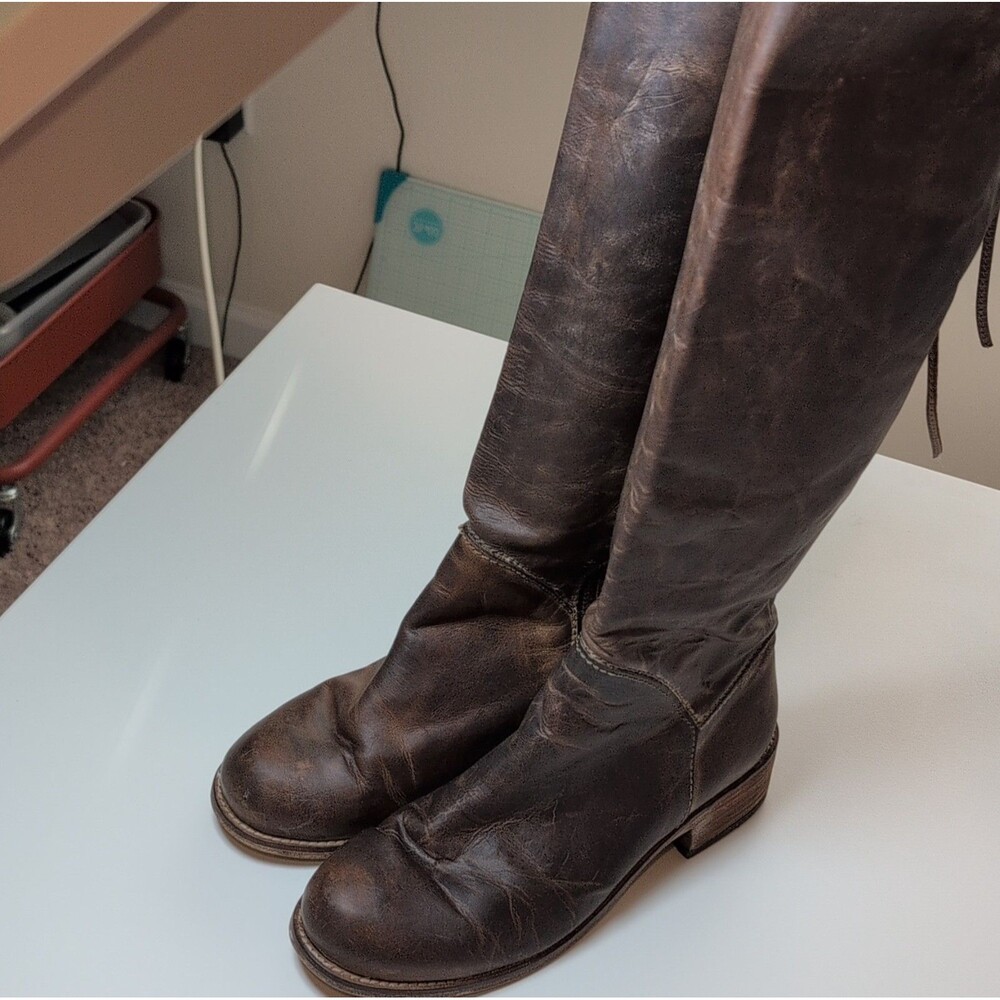 Women's Corral Brown Leather Knee High Riding Boots Zipper Lace Lined Zip